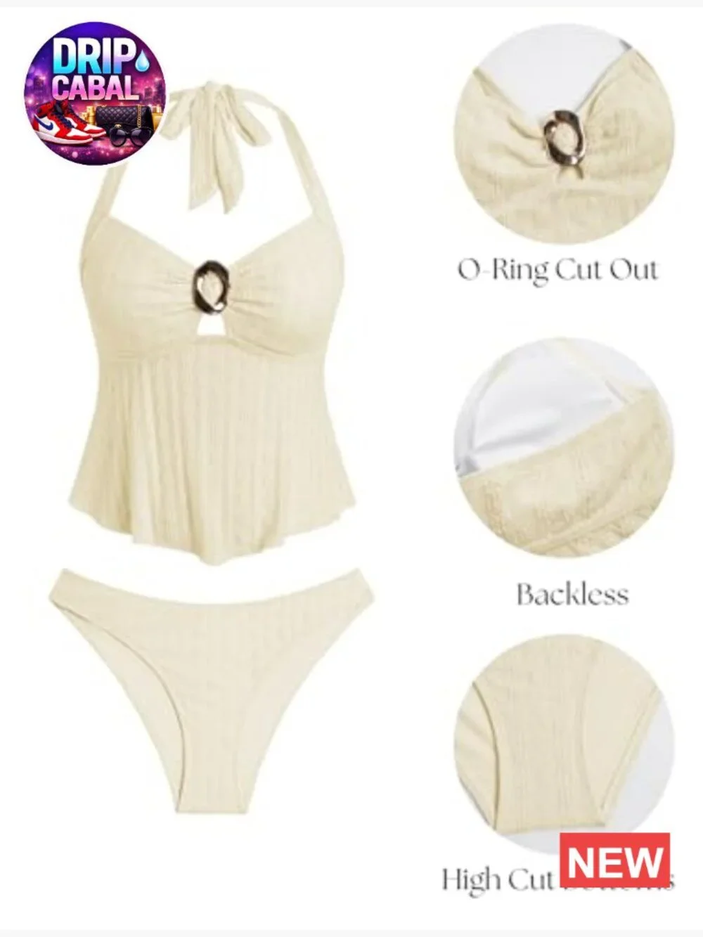 Halter Tankini Set with Lace O-Ring Cutout Tummy Control Two Piece Swimwear